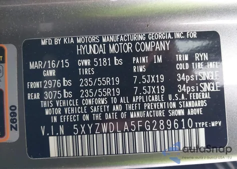 2015 Hyundai Santa Fe Sport 2.0L Turbo z USA, uszkodzony, nr VIN 5XYZWDLA5FG289610